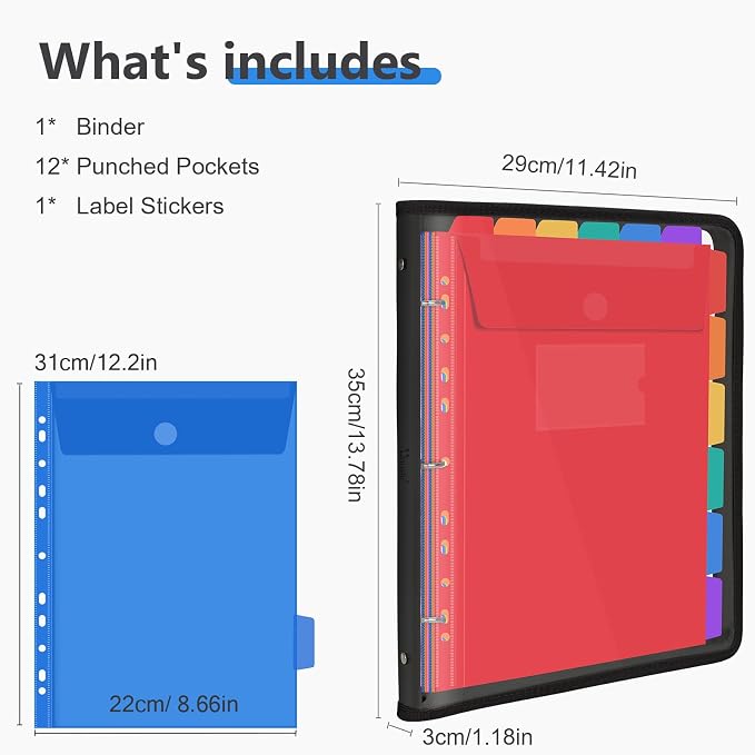 Uquelic Document Organizer, Soft PVC 3 Ring Binder with 12 Pockets | Colorful Zipper Binder with Dividers Letter Size, Large Capacity Cute Folder for School, Office & Home Use (Black)
