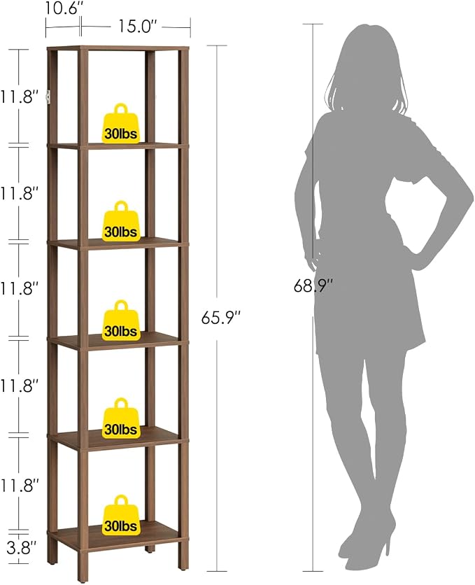 Open Book Shelf, 6 Tier Tall Bookshelf, Freestanding Shelf Narrow Bookcase with Open Shelves, 14.57" x 10.63" x 65.83", Book Shelves for Living Room, Office, Study, Walnut