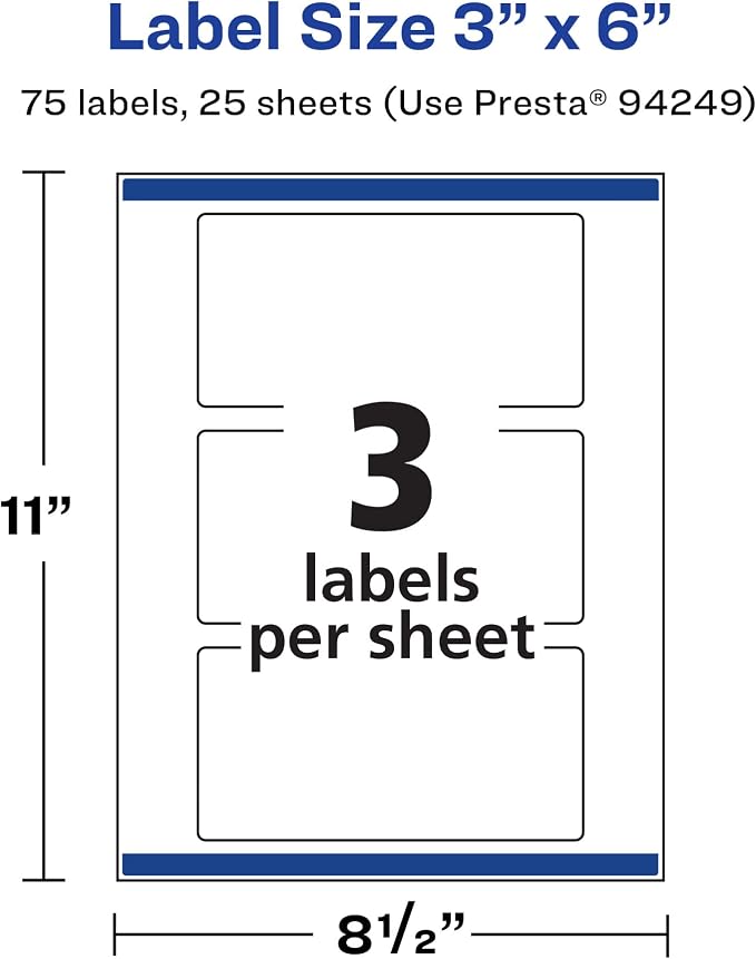 Avery® Matte White Rectangle Labels, Sure Feed® Technology, 3" x 6", 75 Matte White Printable Labels