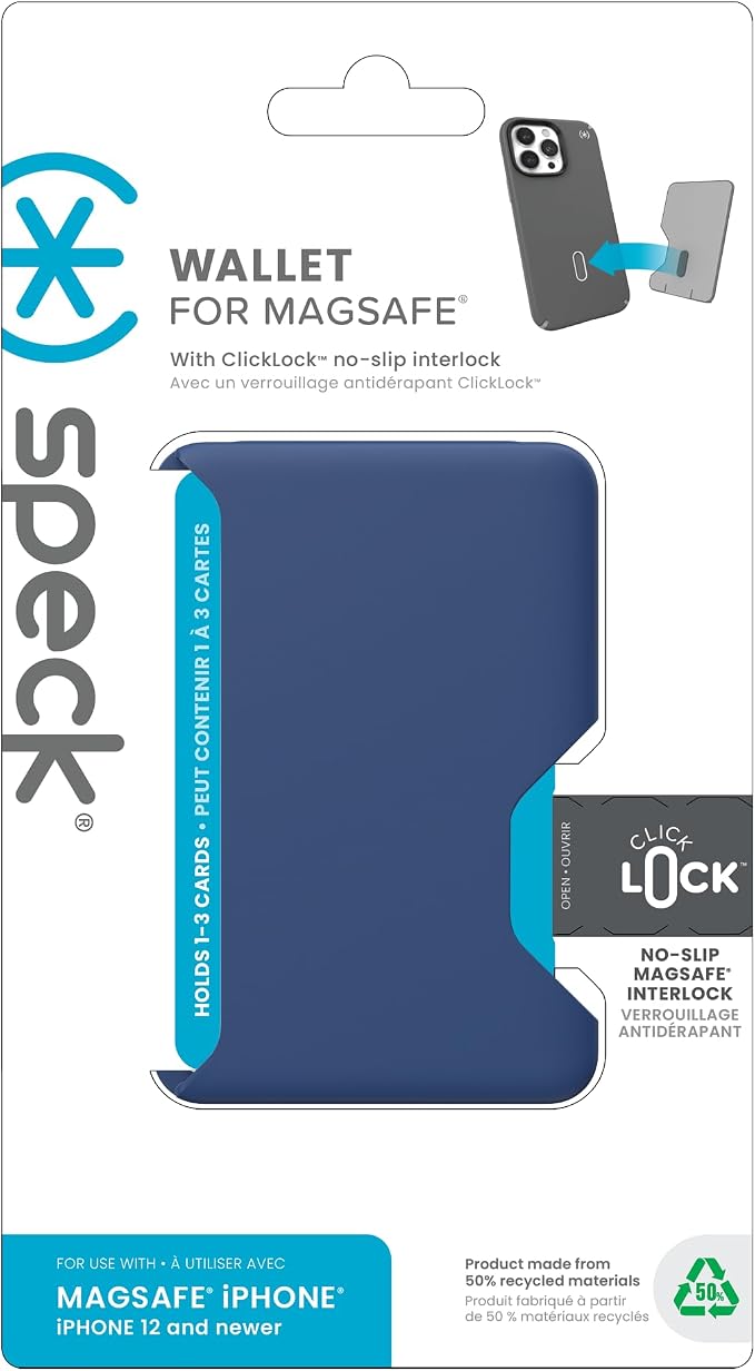 Speck iPhone Wallet MagSafe Accessory - Removable ClickLock No-Slip Interlock - Holds 1-3 Cards - Soft Touch Finish, Scratch Resistant Card Holder Built for MagSafe - Coastal Blue/Space Blue