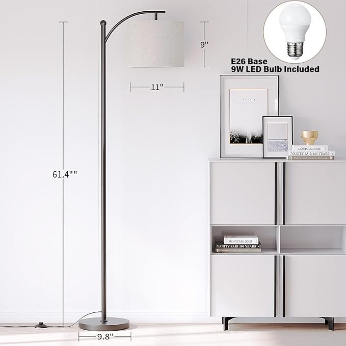 SUNMORY Arc Floor Lamp, Modern Floor Lamp with 3 Color Temperatures Bulb | Metal Standing Lamps with Adjustable Hanging Lampshade,Tall Floor Lamps for Living Room, Bedroom, Office, Black