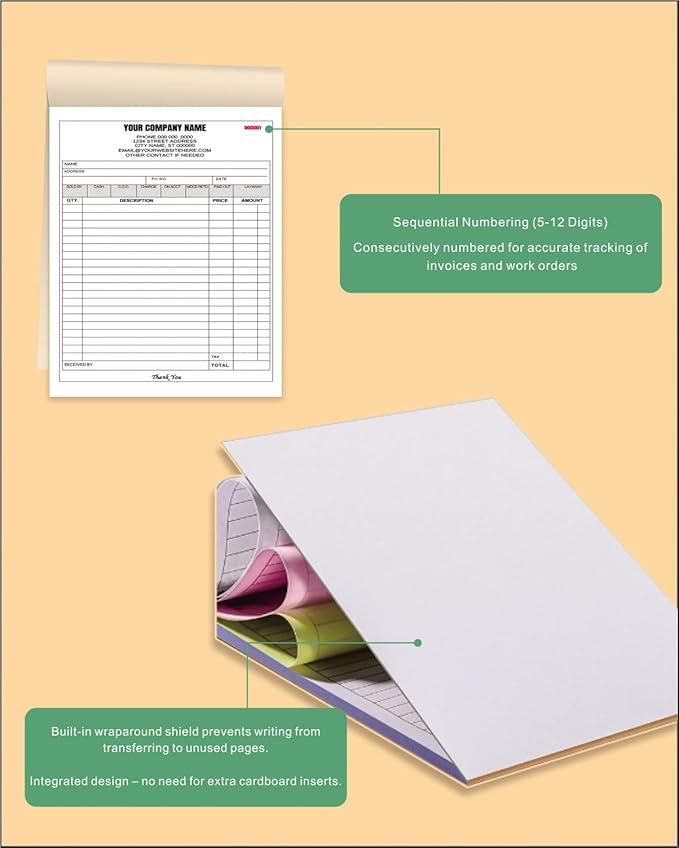 Custom Carbonless Invoice Book with Logo, Personalized Cover & Inner Pages, 2 Part NCR Receipt & Work Order Forms, Easy Tear, Writing Shield for Small Business (2-Part [White/Blue], 7.48 x 5.12INCH)