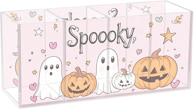 Halloween Cartoon Ghost Clear Acrylic Cutlery and Pen Organizer, Acrylic Plastic Pencil Holder Square 4 Compartments Large Capacity Acrylic Pencil Holder Desk Pencil Organizer