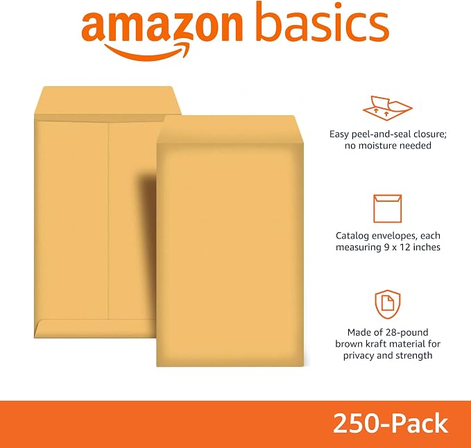 Amazon Basics Catalog Self Seal Mailing Envelopes for Documents, Peel and Seal, 9" x 12", Brown Kraft, 250-Pack