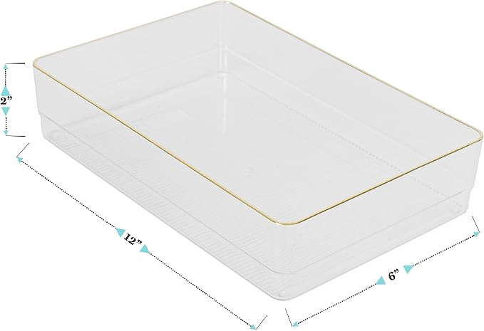Martha Stewart Kerry Stackable Desk Drawer Organizers, Clear/Gold, 3-Pack | 12x6 in Organizers, Gold Trim, Stackable