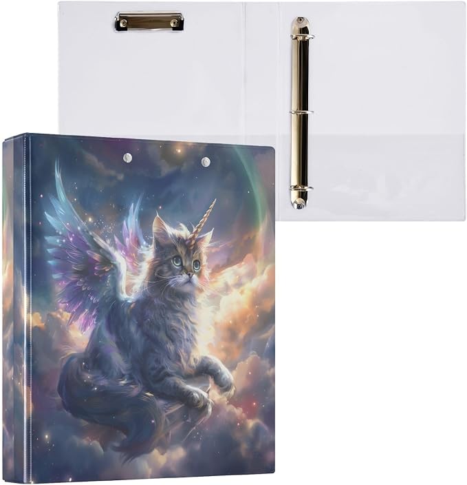 3 Ring Binder Unicorn Cat with Wings 1.5" Round Ring Binders View Binder with 200 Sheet for Women Men Office Kids School Supplies, 1 Pack