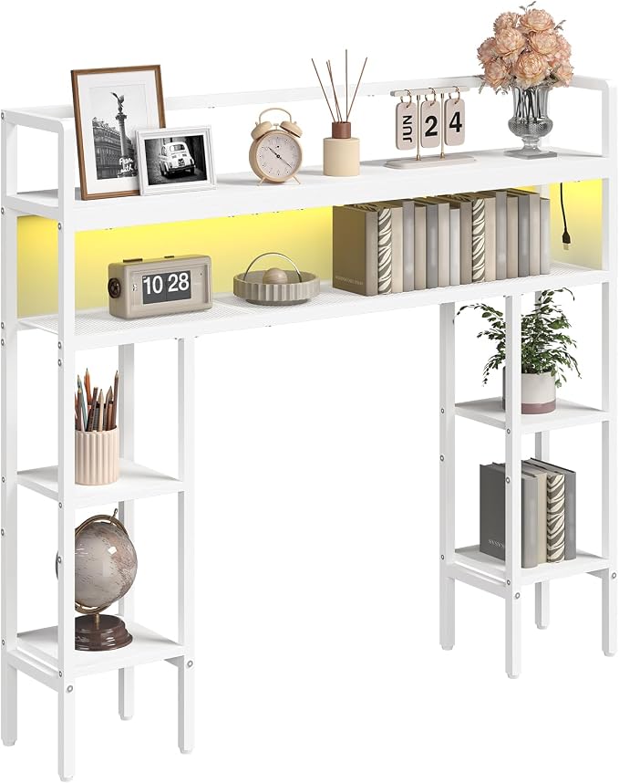 MAHANCRIS Desk Shelf, 43.3" Desk Hutch with Light Strip | Office Desktop Organizer, 5 Tier Desktop Bookshelf for Computer Monitor, Storage Rack for Study, Home Office, White