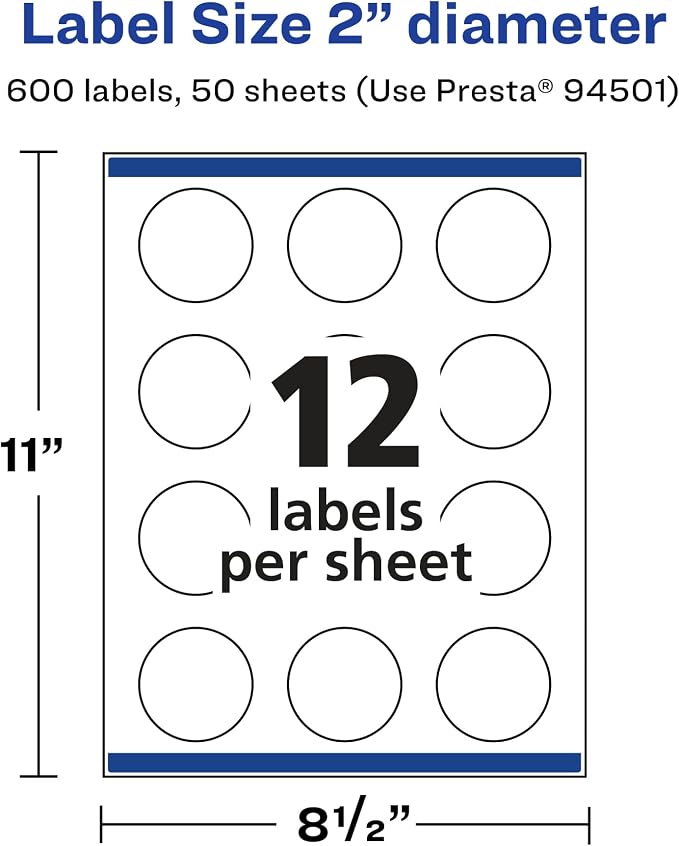 Avery® Matte White Round Labels, Sure Feed® Technology, 2" Diameter, 600 Matte White Printable Labels