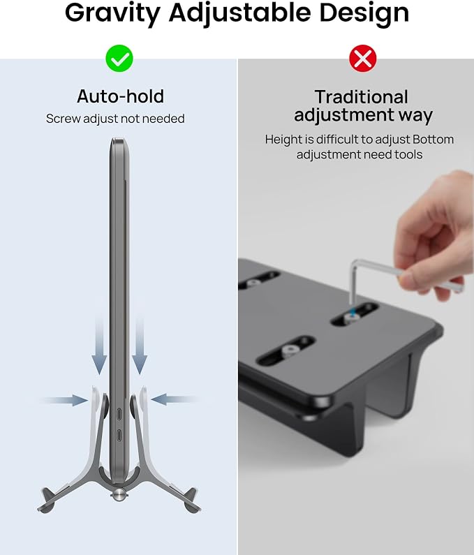 Vertical Laptop Stand for Desk, Gravity Auto Lock MacBook Stand, Aluminum Laptop Holder Vertical Compatible with MacBook Pro, Air, Tablet, Space-Saving Organize Work & Home Office, Gray