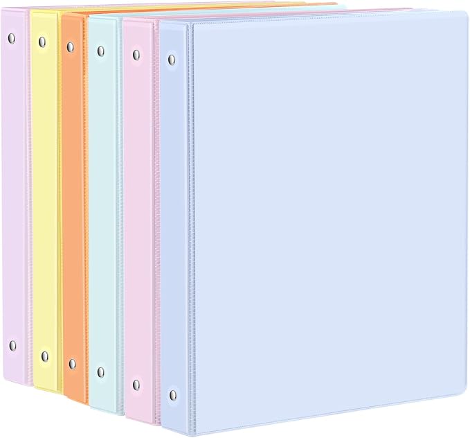 3 Ring Binder - 6 Pack, 1 Inch Binder with 2 Interior Pockets & Clear View Overlay, Large Capacity, Round Ring Binders for Office Supplies, School & Home (6 Colors) | 175 Sheets Paper Capacity, Pastel Binders with 2 Interior Pockets for Office Supplies...