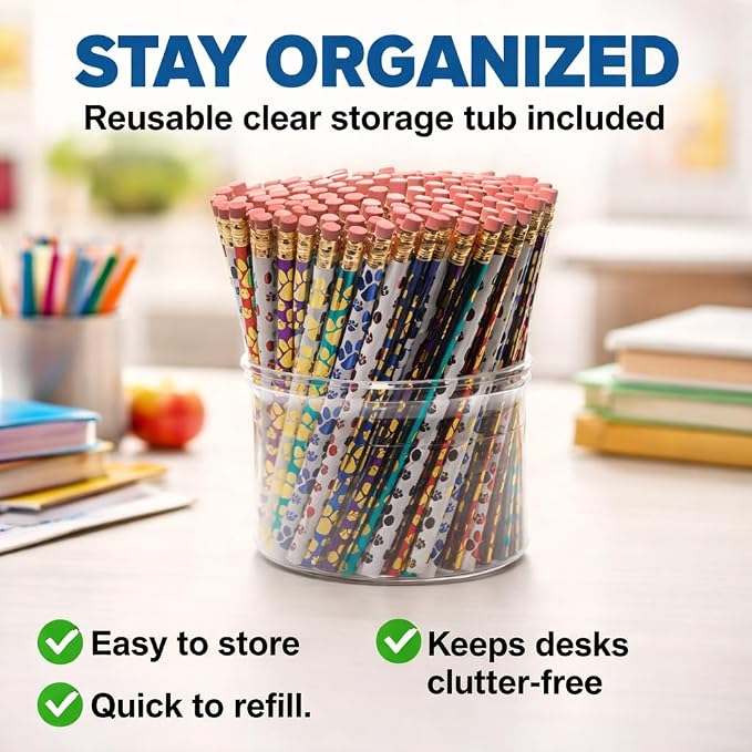 Anderson's Paw Print Pencil Tub, Bulk #2 Pencils for Animal Shelters, School Stores & Pet Events, Fun Assorted Colors for Teachers, Vets & Community Giveaways, 144 Pack