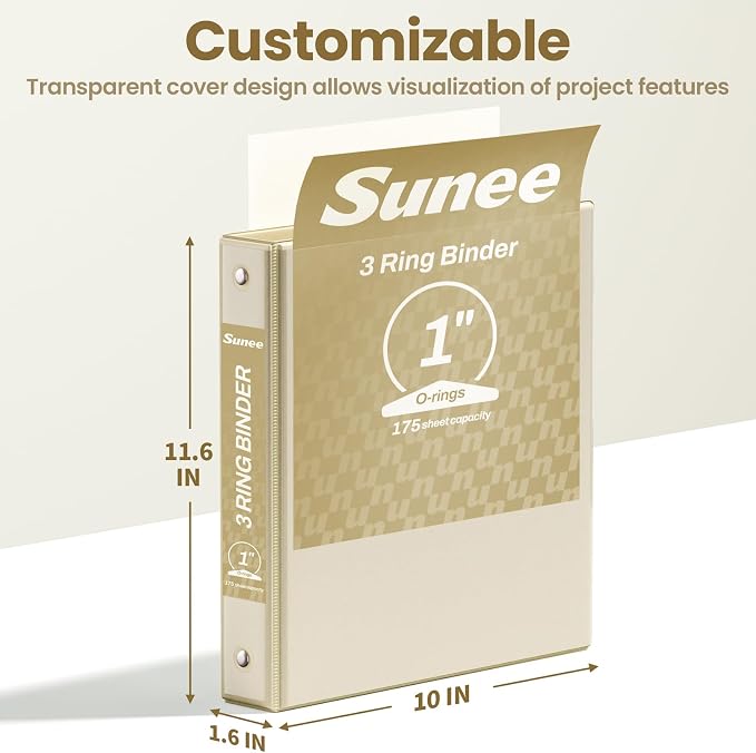 SUNEE 3 Ring Binder 1 Inch 4 Pack, Clear View Binder Three Ring PVC-Free (Fit 8.5x11 Inches) for School or Office Supplies, Neutral Aesthetic