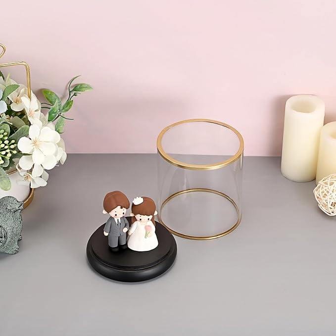 Hipiwe Vintage Display Case Clear Collectibles Showcase with Black Wooden Base Gold Frame Keepsake Box for Plants Action Figurine Models, Cylinder, 4 x 4 x 4.3 Inch