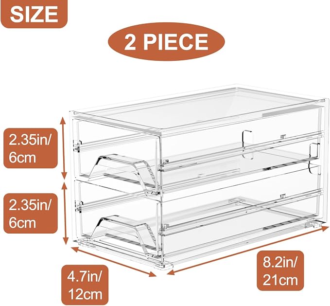 Acrylic Stackable Drawer Storage Organizer: Slim Desk Mini Drawers | transparent Plastic deep desktop makeup clear compartment holder countertop