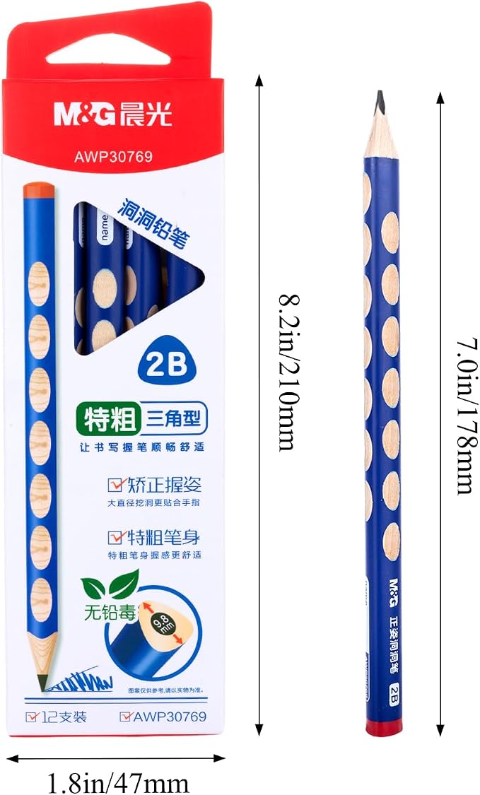 M&G 12 Pcs Triangular Hole Pencils for Kids, Triangular Pole with Grip Correction 2B Pencils, Graphite Wood Pencils with Smooth Writing for School, Office, Painting, Sketching, Weddings, Party