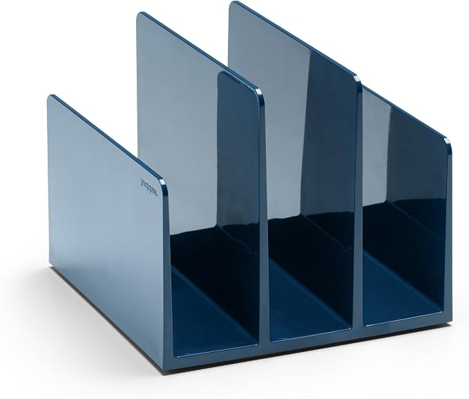 Poppin Fin File Sorter - 3-Compartment File Organizer, Sturdy and Durable Document Organizer, Sleek Design with Lacquer-like Finish, File Folder Organizer for Desk (Slate Blue)