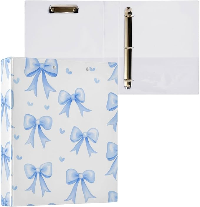 Blue Bows White Round Ring Binders 1.5 Inch 3 Ring Binder with Clipboard Holds 200 Sheets Office Home School
