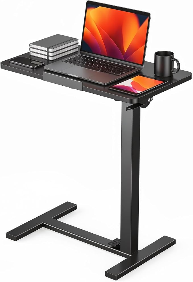 DUMOS Overbed Table with Wheels, Height-Adjustable Bedside Table, Black | Rolling standing desk with Pneumatic Lift, Portable mobile desk for Bed, Couch, Office, Sofa
