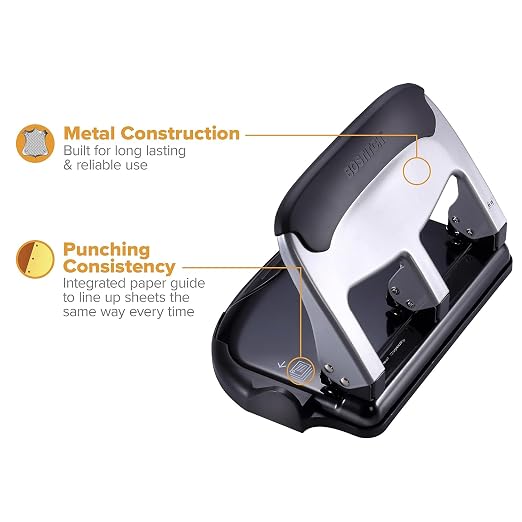 Bostitch Office EZ Squeeze Heavy Duty 3-Hole Punch for Home Office & School, 40-Sheet Capacity, One-Touch Reduced Force, Sleek Silver Design