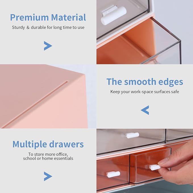 Stackable Storage Drawers, Office Desk Organizer with 7 Flat Drawers | Pink, Plastic Mini Desktop Storage Box, Tabletop Small Craft Drawer for Office Supplies, Makeup Desk Organizer and Accessory