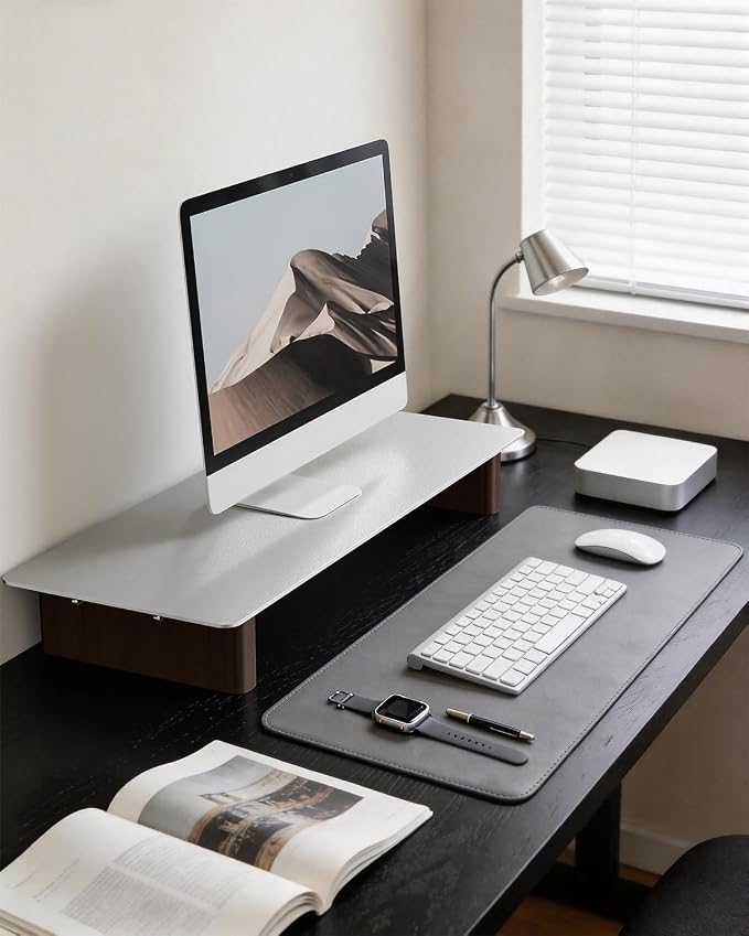 Aluminum Monitor Stand Riser, Ergonomic Desktop Shelf with Wooden Legs - 23.6” Wide Heavy Duty Computer Stand for Home Office, Universal Desktop Monitor Riser for PC, iMac, MacBook, Laptop
