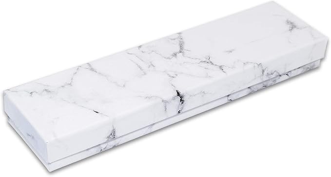 TheDisplayGuys 25 Cardboard Jewelry Gift Boxes with Inserts - Marble White | Size #82 - 8.0" x 2.0" x 1.0", Lids, Cotton Filled Padding, Kraft Paper, Bulk Pack Case, for Shipping, Organizers, Storage