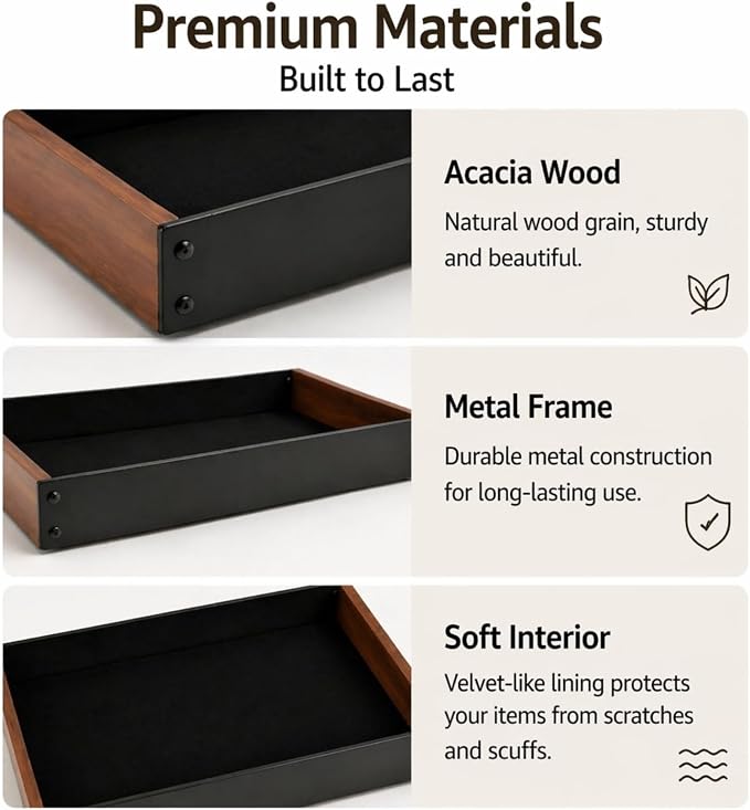 2 Pack Desk Drawer Organizer, Valet Tray for Men, Nightstand Tray Acacia Wooden and Metal Entryway Bedside Dump Holder Accessories for Wallets, Keys, Watches, Phones, Loose Change, Trinkets