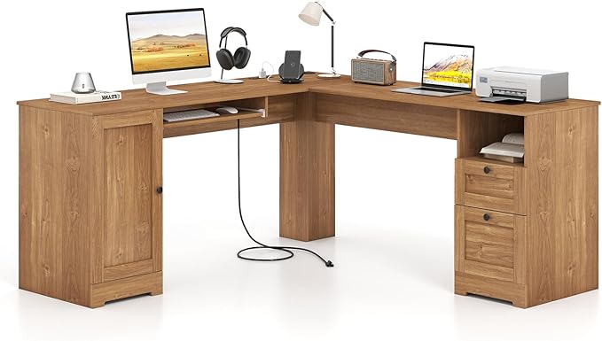 Giantex 66" L-Shaped Desk with Storage Drawers & Charging Station, Spacious Corner Computer Desk with Keyboard Tray, Adjustable Shelf, Cabinet, Huge Workspace Home Office Study Writing Desk (Natural)