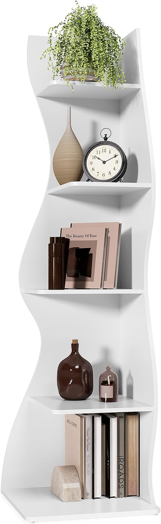 LITTLE TREE Small Corner Shelf, Modern 5-Tier Wall Corner Bookshelf, Stylish Bookcase Storage Rack for Small Space, Living Room, Bedroom