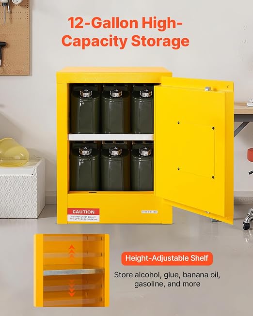 VEVOR Flammable Cabinet 17" x 17" x 22", 12 GalCold-Rolled Steel Flammable Liquid Storage Cabinet, Explosion Proof with 1 Adjustable Shelf 1 Door for Commercial Industrial Use, Yellow