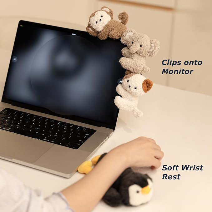 Cute Animal Plush Gift Set-Penguin Wrist Rest & 3 mini Plush Clips(Monkey,Dog,Elephant) Kawaii Cozy Desk Decor for Office, Study, Home,Gift Box Included