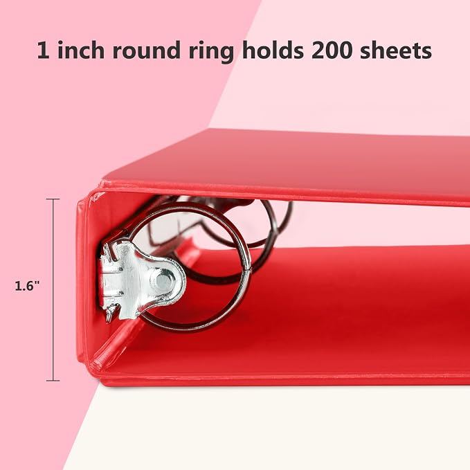 ViVin 1 Inch Round Ring View Binder for Durability, 6-Pack (Red) | Standard 3 Ring Binder for 200 Sheets of US Letter Size Paper, PVC-Free, Clear View Cover, Office Home School Use