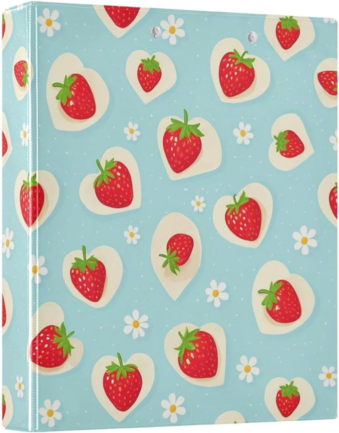 Aslsiy Floral Strawberry 3 Ring Binder 1.5 Inch Blue Dots Round Clipboard Decorative Harcover Binder Organizer for Office Supplies