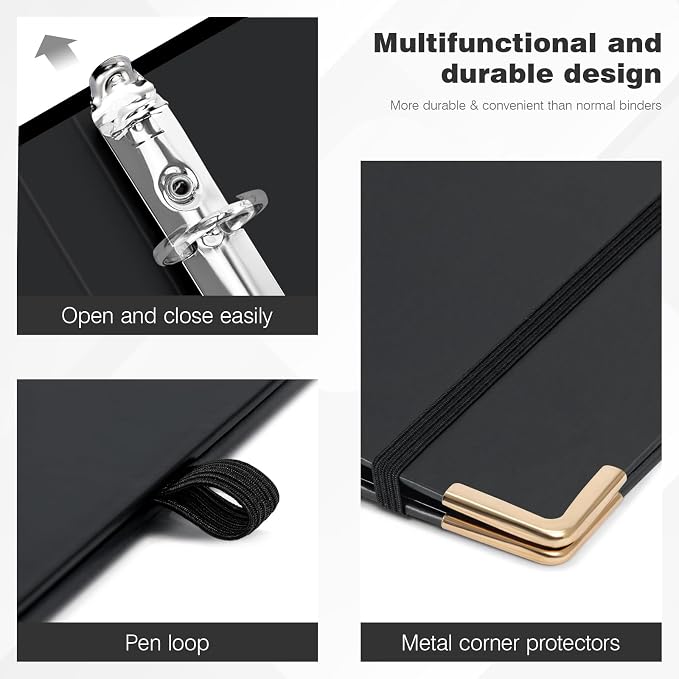 Ospelelf 3 Ring Binder, 1/2 Inch, Cute Letter Size (11" x 8.5") with 5 Tab Dividers, File Folder Labels and Low Profile Clipboards, Black for School and Office