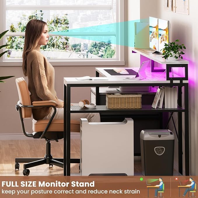 Aheaplus L Shaped Desk with File Drawer, Reversible L Shaped Computer Desk Gaming Desk with Power Outlet & LED Strip, Home Office Desk with Monitor Shelf, Corner Desk with Storage Shelves, White Oak