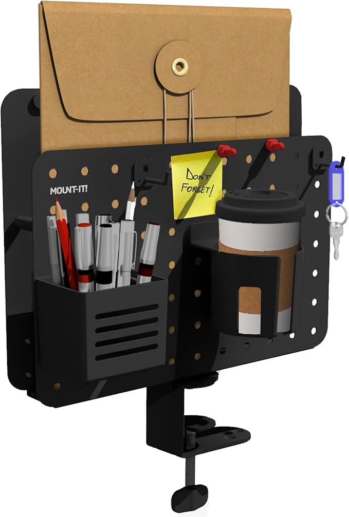 Mount-It! Desk Pegboard Organizer, 360 Rotation, Black | Clamp-on desk storage with cup holder, pen holder, hooks & magnets for home office, workshop & crafting stations.