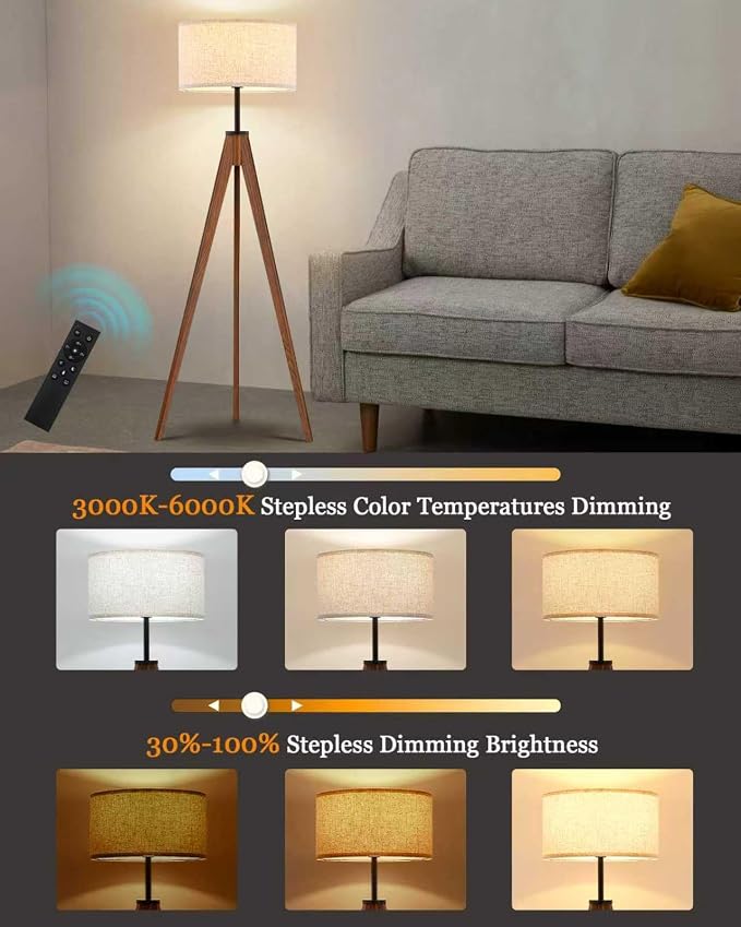 ELYONA Ash Wood Tripod Floor Lamp Stepless Dimmer & Color Temperature, Remote Control Mid Century Modern Coner Standing Lamp Linen Shade for Living Room Bedroom Office, LED Bulb Included, Walnut