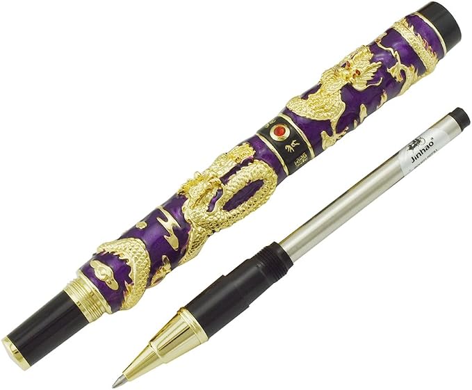 Jinhao Double Dragon Rollerball Pen Purple Cloisonne Enamel Handcraft for Signature and Collection
