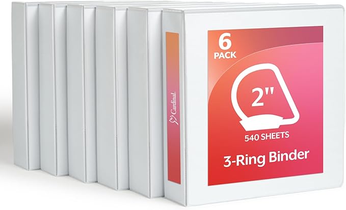 Tops Cardinal Economy 3-Ring Binders, 2", Slant-D Rings, Holds 540 Sheets, ClearVue Presentation View, Non-Stick, White, Carton of 6 (90761)
