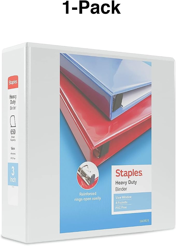 Staples Heavy-Duty 3-Inch D-Ring View Binder, White – Large Capacity 3-Ring Binder for School & Office Storage