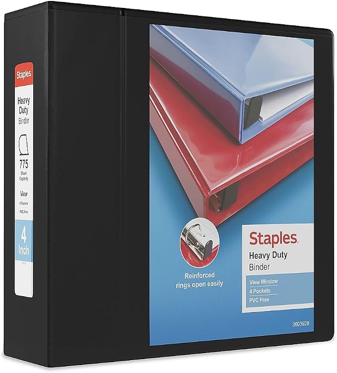 Staples Heavy-Duty 4-Inch D-Ring View Binder, Black, 1,000 Sheets | Extra-large capacity for office archiving and bulk document storage.