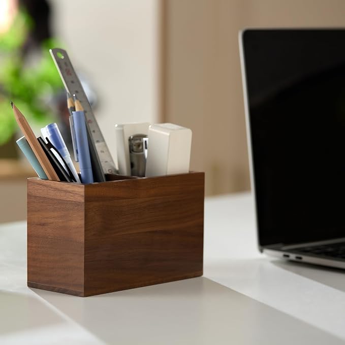 Walnut Pencil Holder (Double Slots) Wood Pen Holder for Desk
