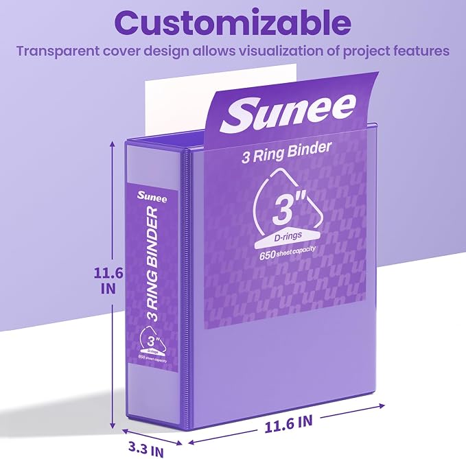 SUNEE 3 Ring Binder 3 Inch D Ring, Clear View Large Binder Three Ring PVC-Free (Fit 8.5x11 Inches) for School or Office Supplies, Dark Purple, 1 Pack