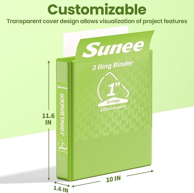 SUNEE 3 Ring Binder 1 Inch D Ring, Clear View Binder Three Ring PVC-Free (Fit 8.5x11 Inches) for School or Office Supplies, Tender Green, 1 Pack