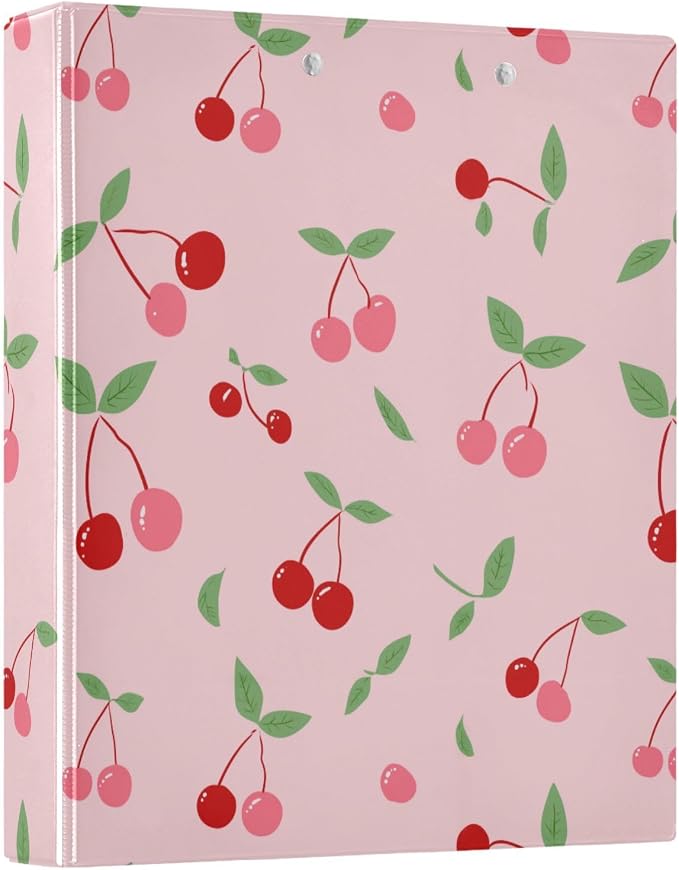 Pink Cherry Hard Cover Ring Binder 1.5 Inch 3 Ring, Printed Ring Binder with Metal Non-Slip Clip Clear Pocket Water Resistant Round Ring Binders for Recipe Budget Office