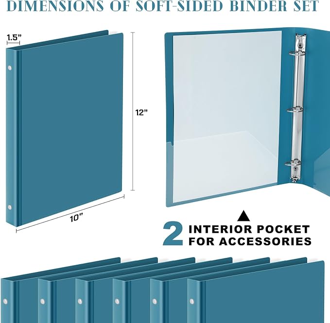 Fulmoon 12 Pcs Economy View 3 Ring Plastic Binder 12.2 x 9.8 Inch Plastic Round Ring Binders with Pockets Notebinder for Meetings for Home, Office, School(Turquoise, 1.5 Inch)