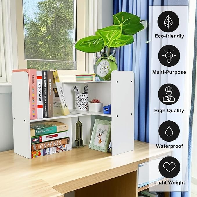 Desk Organizer Desktop Shelf Adjustable Countertop Bookshelf Small Table Shelves Book Organizer Office Organization for Desk, White
