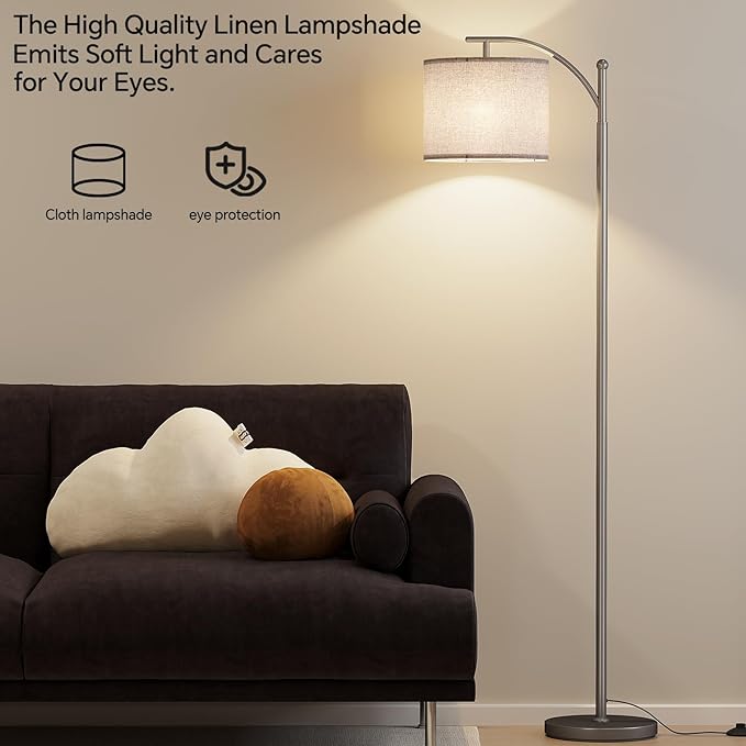 SUNMORY Arc Floor Lamp, Modern Floor Lamp with 9W 3 Color Temperatures Bulb | Metal Standing Lamps with Adjustable Hanging Lampshade, Tall Floor Lamps for Living Room, Bedroom, Office, Gray