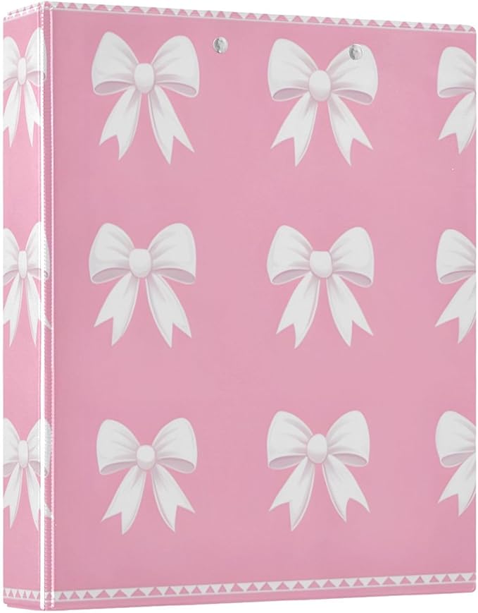 3 Ring Binder White Bows Pink 1.5 inch Binders Three Ring Binders with Clipboard 3 Interior PVC Clear Pockets for Office Supplies