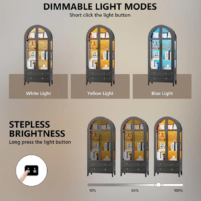 Arched Curio Cabinet with Glass Doors, 4-Tier Display Cabinet with 2 Drawers, Tall Bookcase with 3 Color Lights, Display Case, Kitchen Pantry, Black+Wood